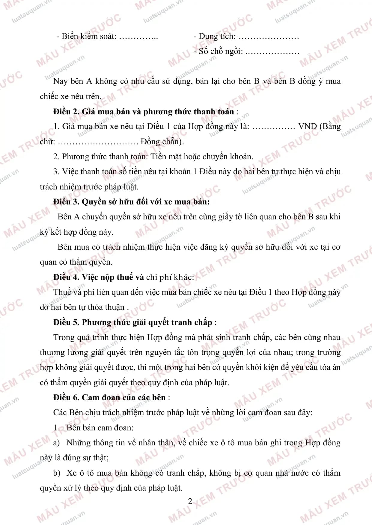 Trang 2: Hợp đồng mua bán xe ô tô (Mẫu chuẩn)