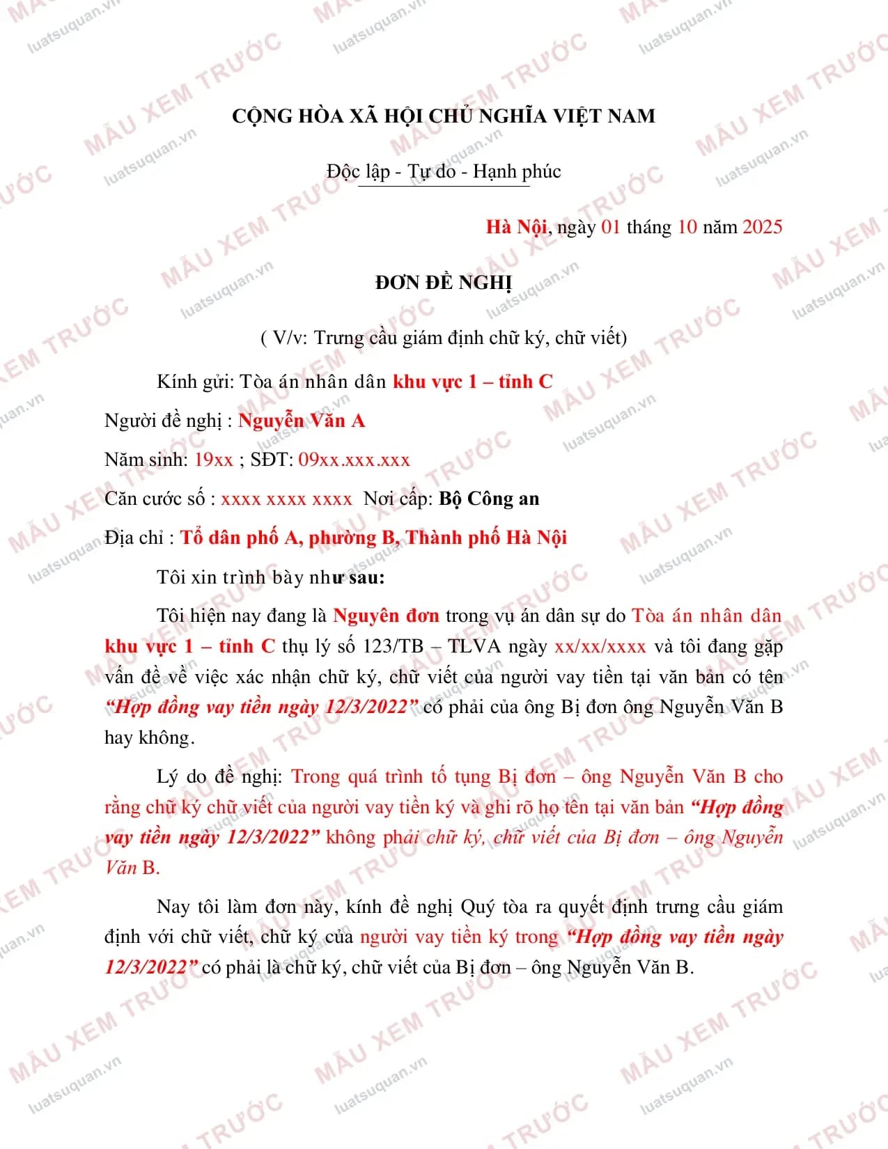 Trang 1: Đơn đề nghị giám định chữ ký trong tố tụng dân sự (Mẫu chuẩn)