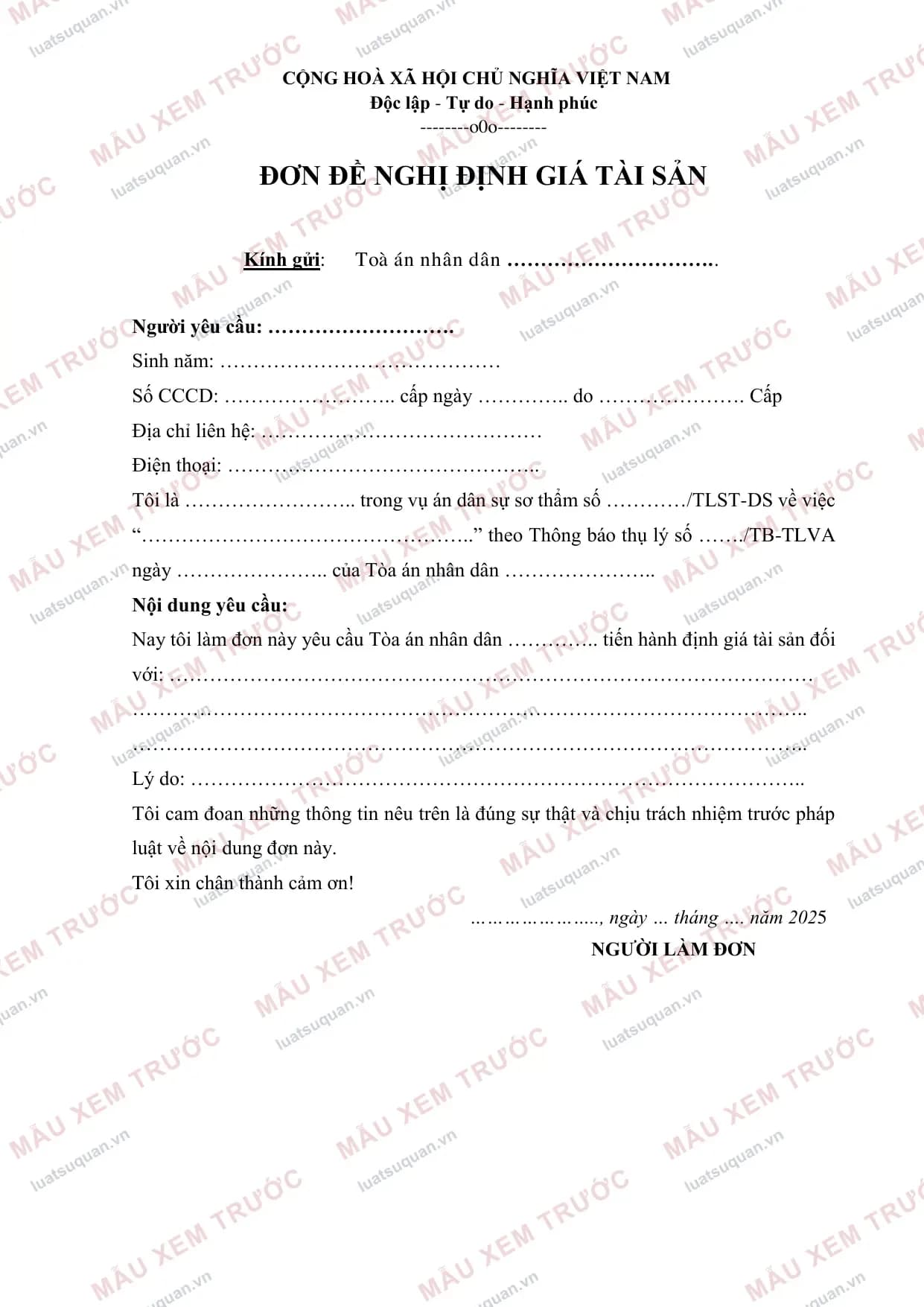 Trang 1: Đơn đề nghị định giá tài sản tranh chấp (Mẫu chuẩn)