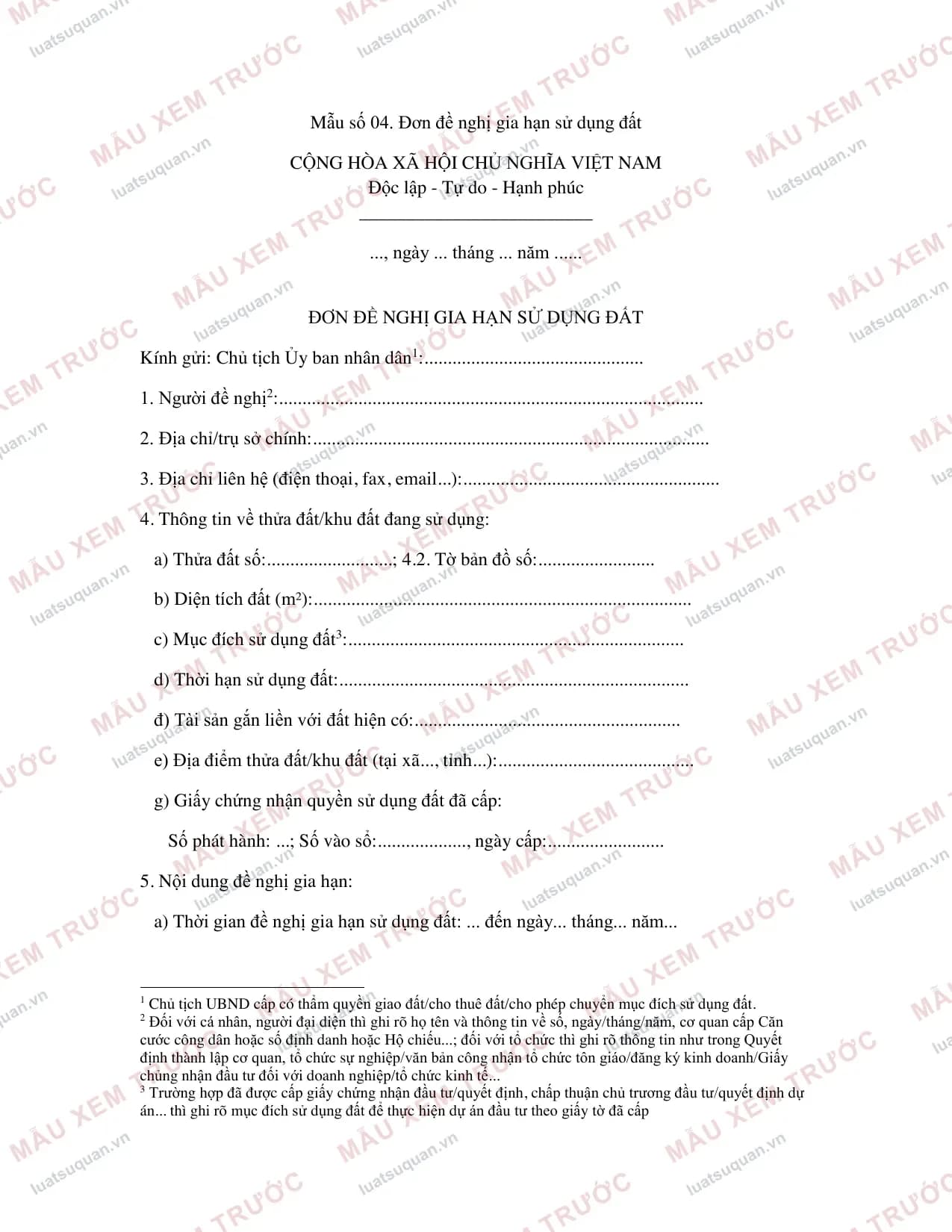 Trang 1: Đơn đề nghị gia hạn sử dụng đất (Mẫu chuẩn)