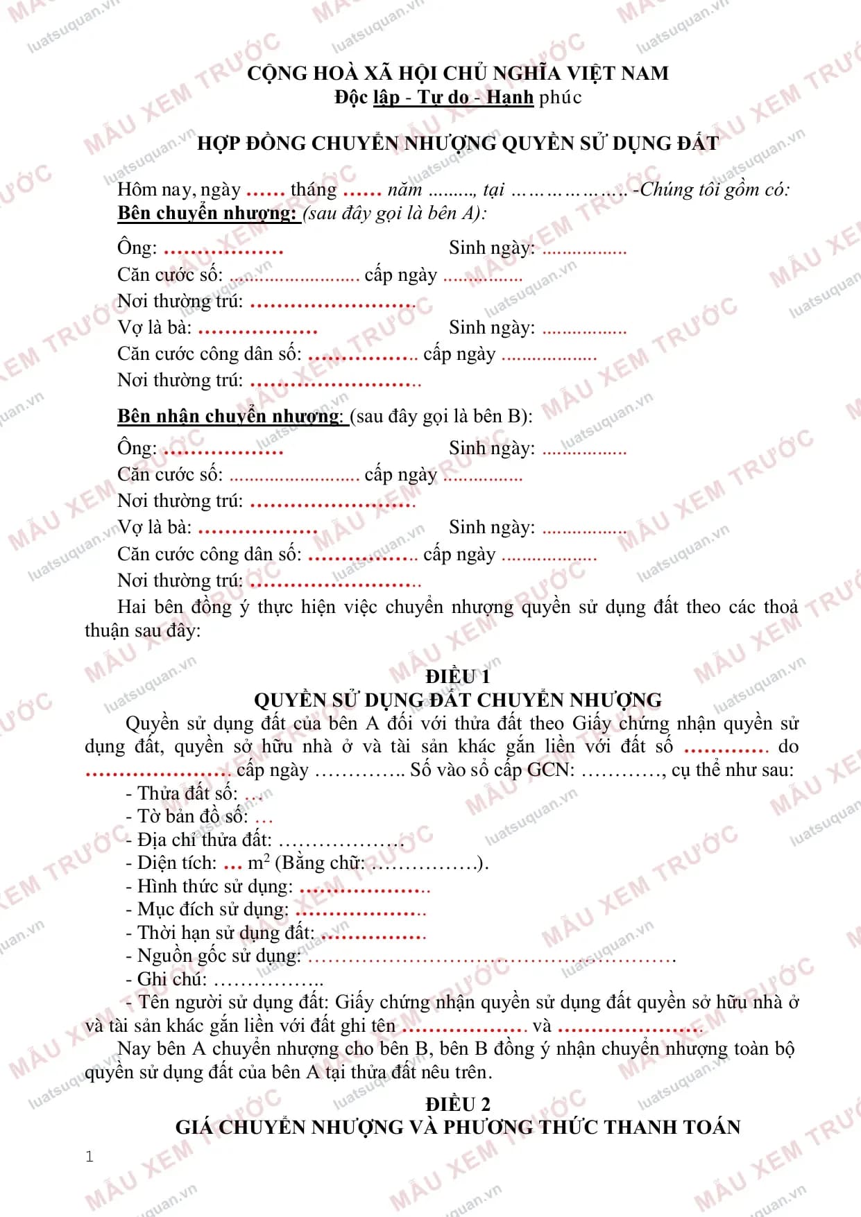 Trang 1: Hợp đồng chuyển nhượng quyền sử dụng đất (Mẫu chuẩn)