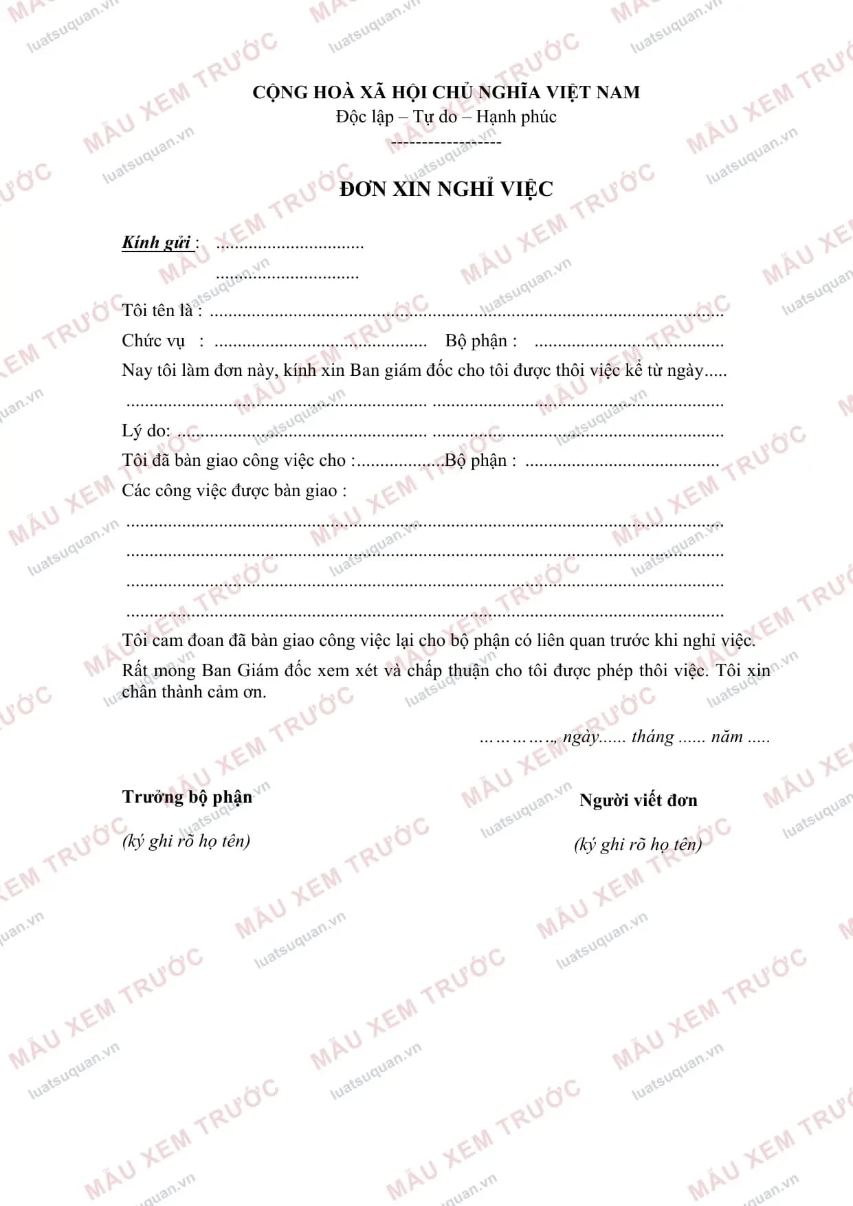 Trang 1: Đơn xin nghỉ việc (Mẫu chuẩn)