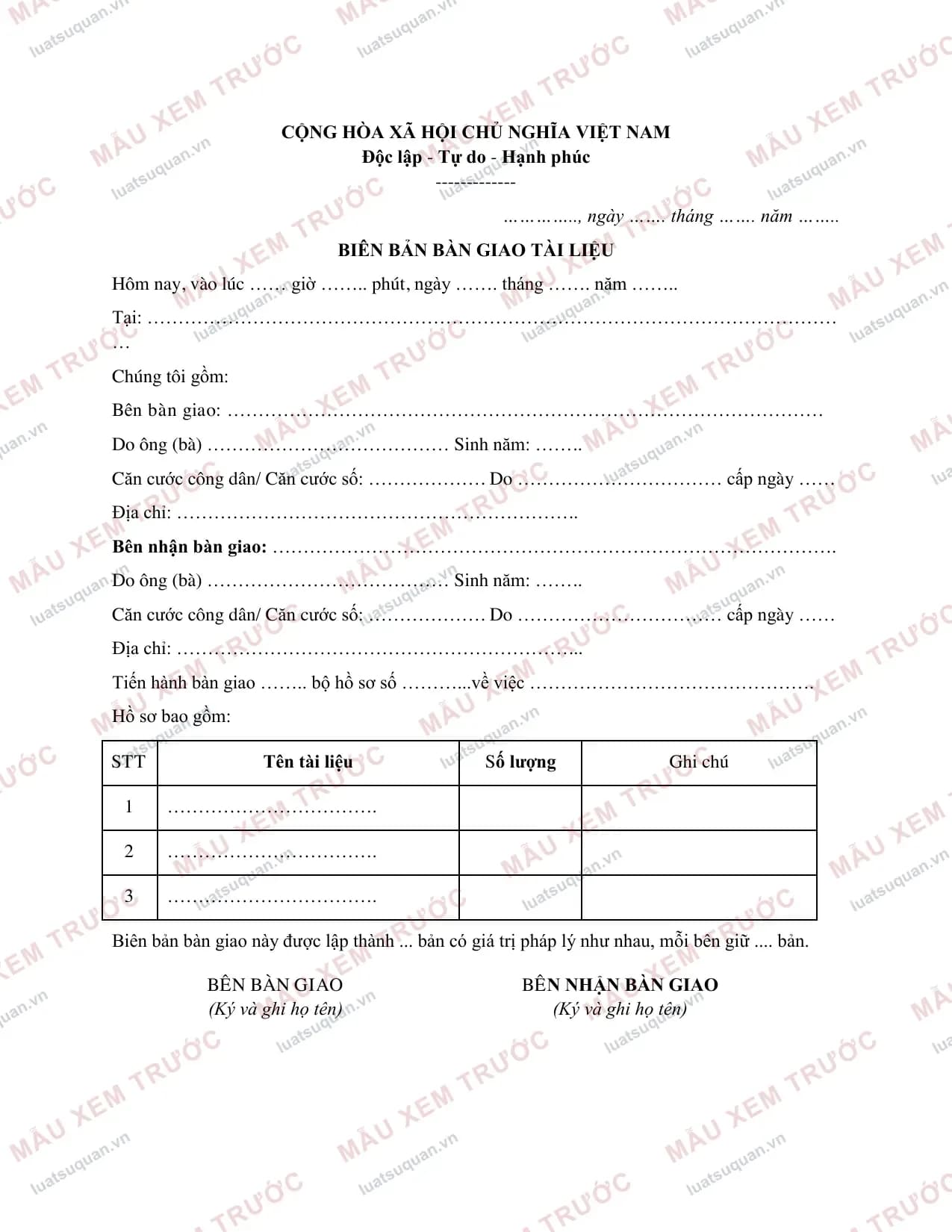 Trang 1: Biên bản giao nhận hồ sơ, tài liệu (Mẫu chuẩn)