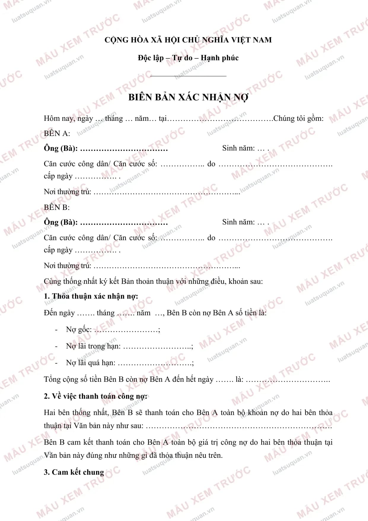 Trang 1: Biên bản xác nhận công nợ (Mẫu chuẩn)
