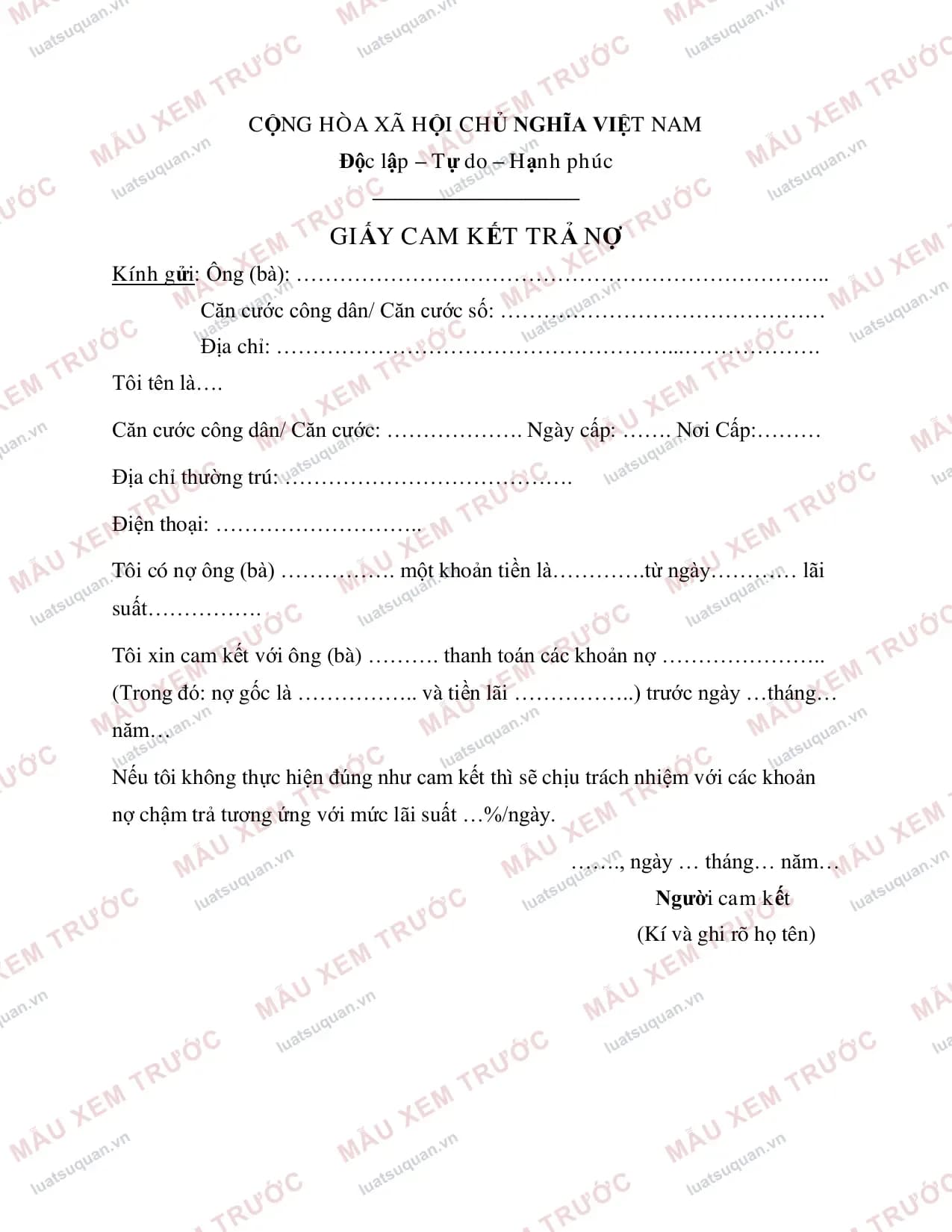 Trang 1: Cam kết trả nợ (Mẫu chuẩn)