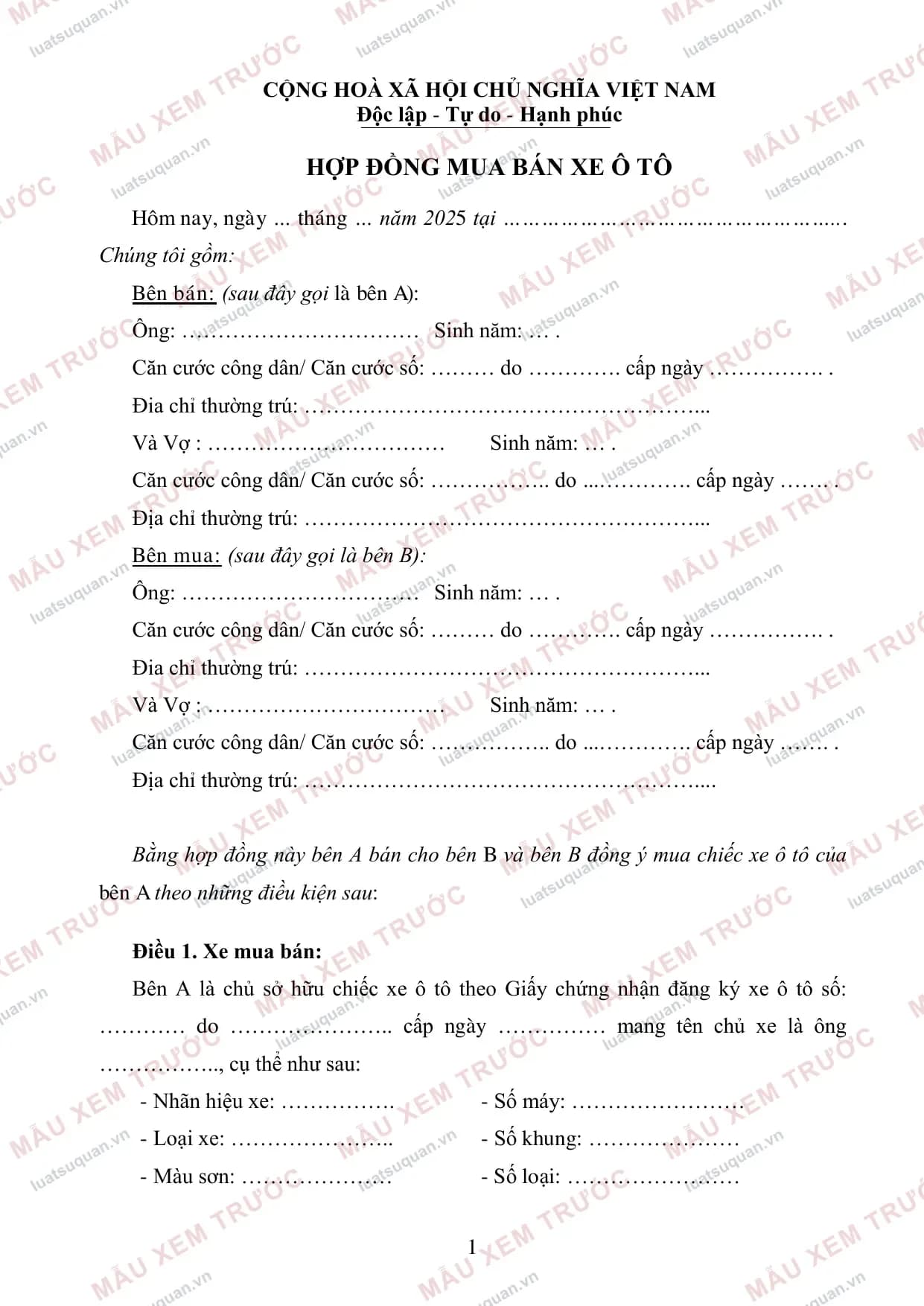 Xem trước: Hợp đồng mua bán xe ô tô