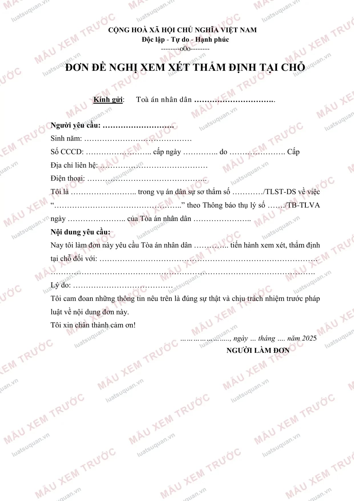 Xem trước: Đơn đề nghị xem xét thẩm định tại chỗ