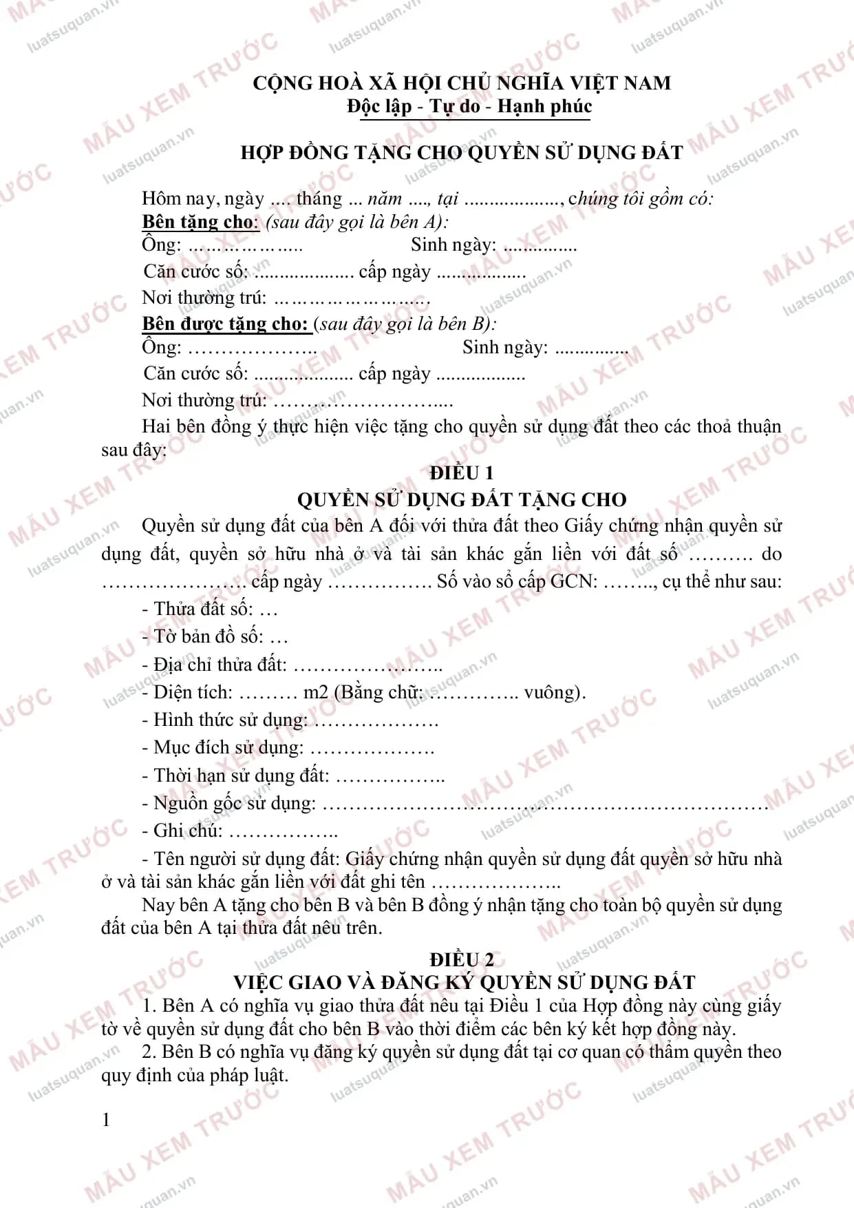 Xem trước: Hợp đồng tặng cho Quyền sử dụng đất và tài sản gắn liền với đất