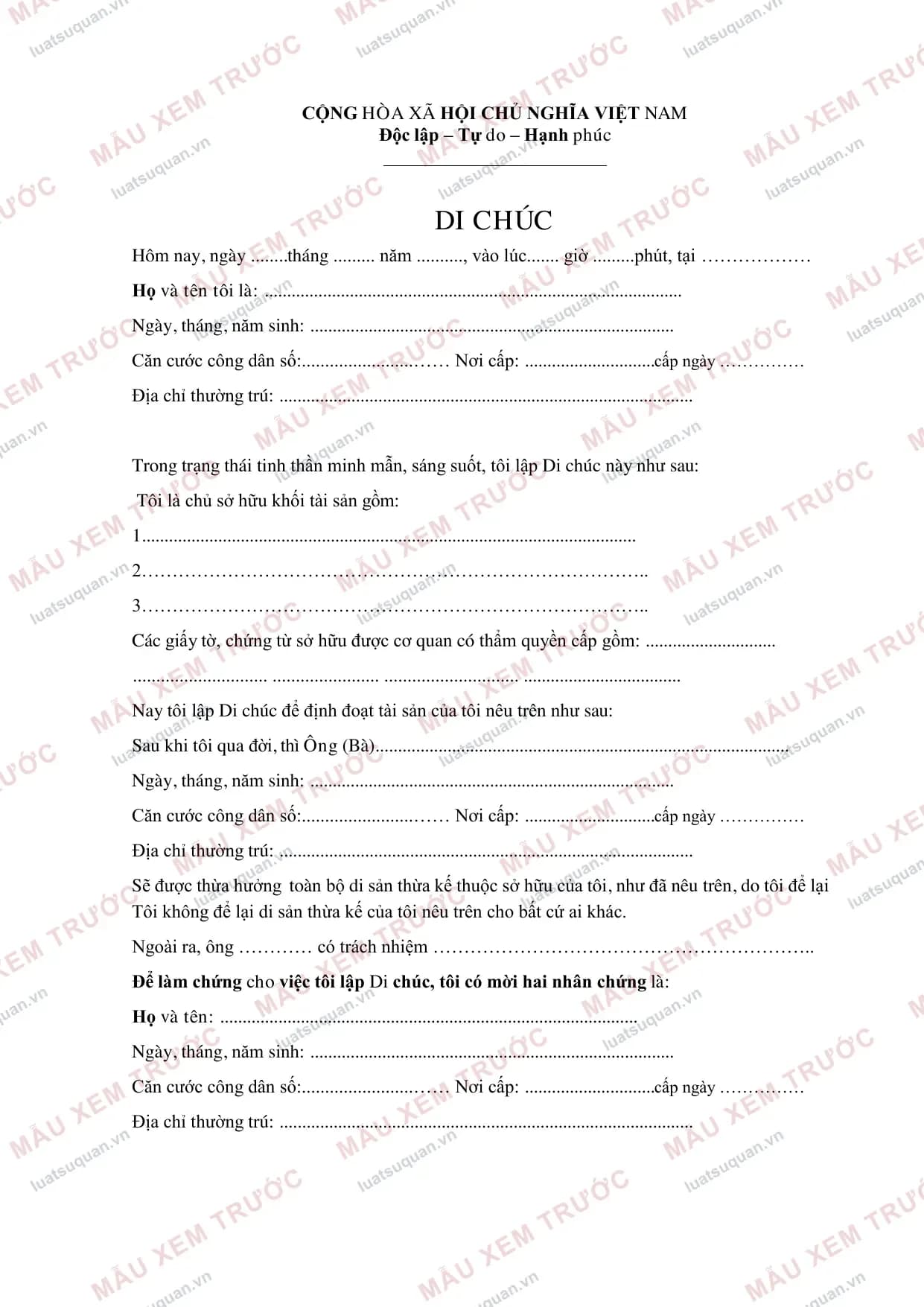 Xem trước: Di chúc — Di chúc có 2 người làm chứng