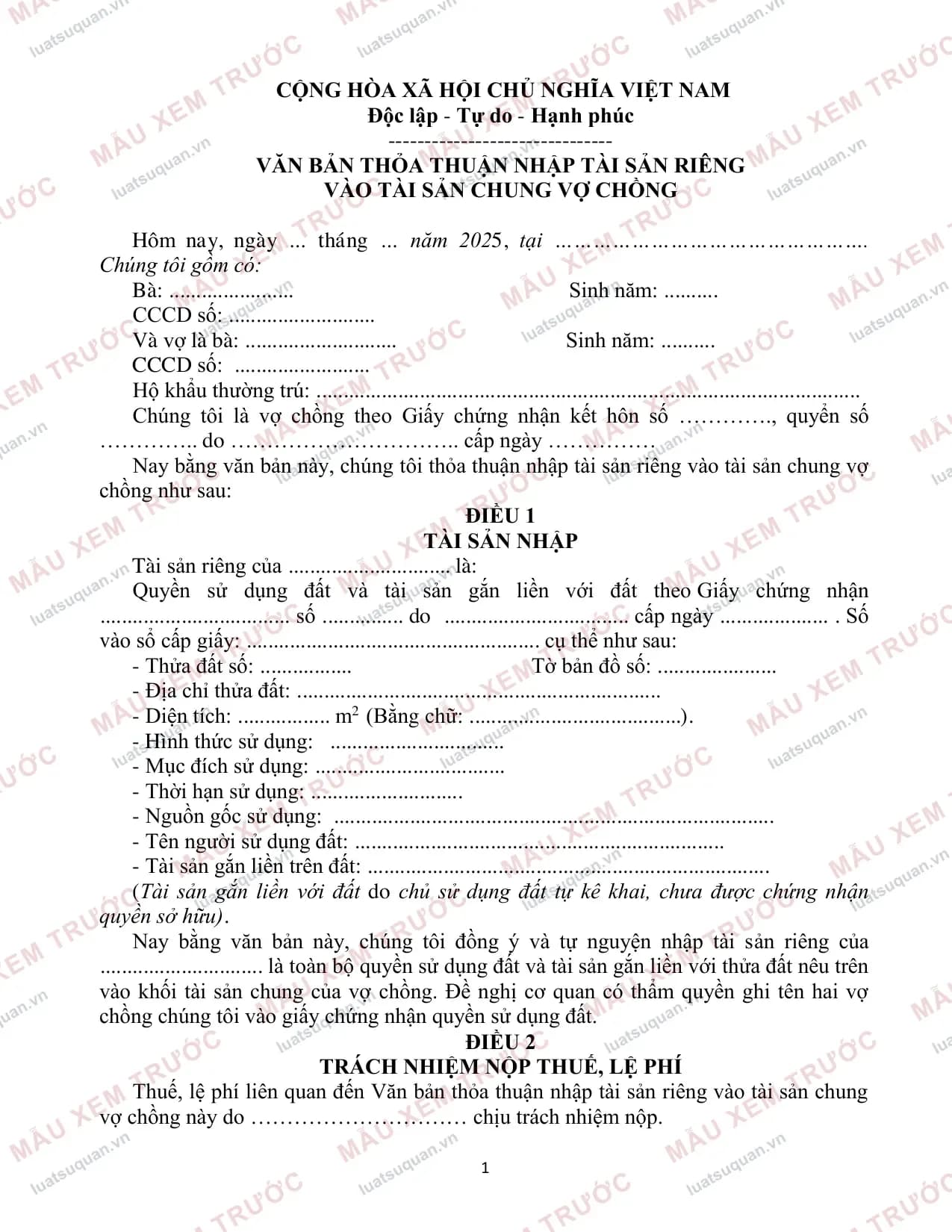 Xem trước: Văn bản thỏa thuận chuyển từ tài sản riêng chủa chồng thành tài sản chung