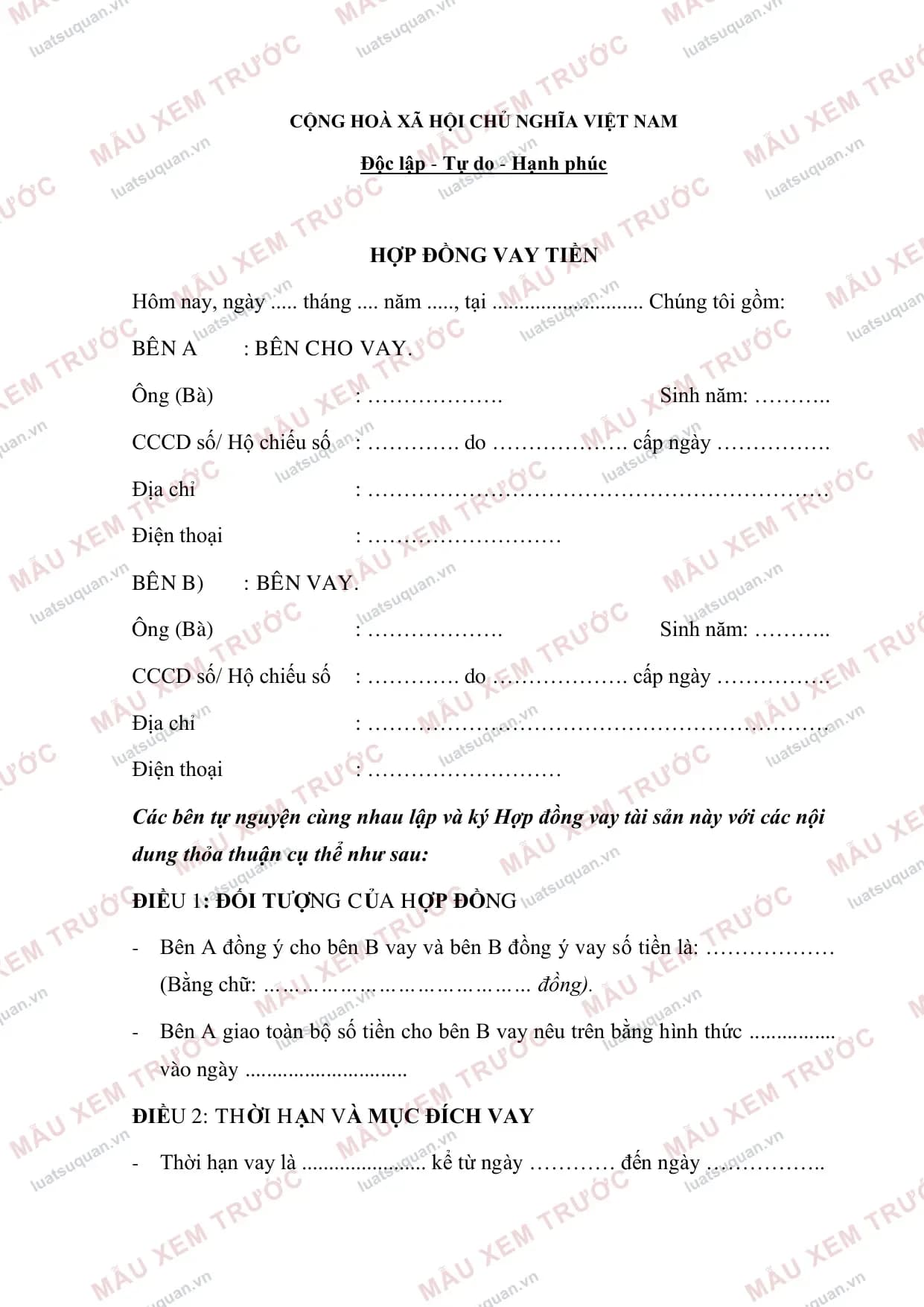 Xem trước: Hợp đồng vay tiền